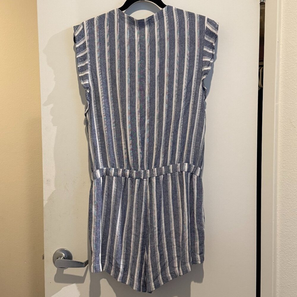 Bella Dahl Blue White Striped Ruffle Sleeve Romper V-Neck Medium - Picture 7 of 10